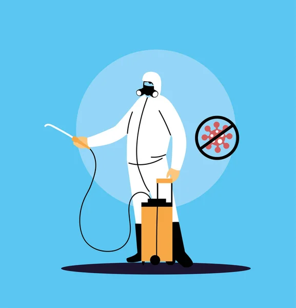 Personne en costume pour travailler désinfection par covide-19 — Image vectorielle