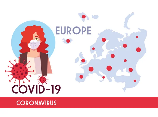 Жінка з маскою та європейською картою з ковадлом 19 вірусів Векторний дизайн — стоковий вектор