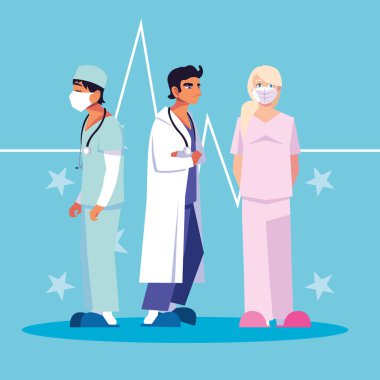 Nabız ve yıldız vektör tasarımının önündeki maskeli kadın ve erkek doktorlar
