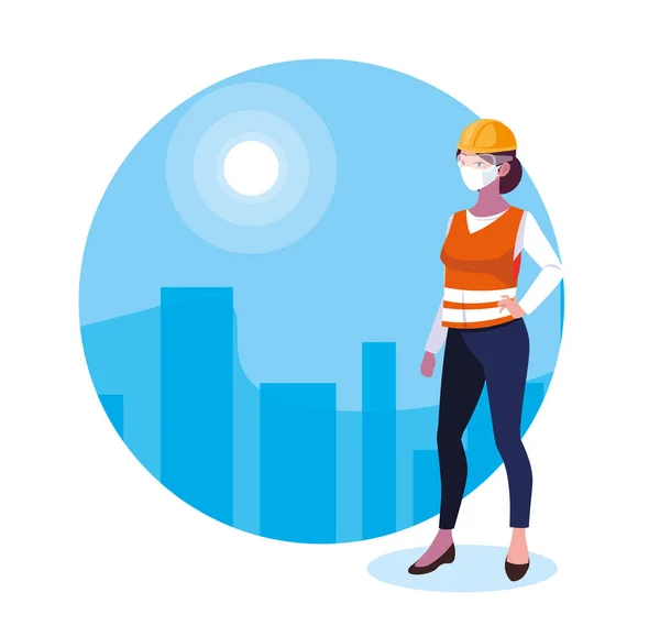 Mujer constructora con máscara y diseño de vectores de casco — Vector de stock