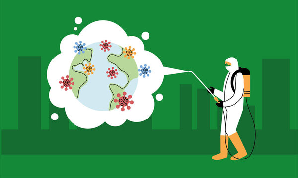 человек в костюме, дезинфицирующий города мира коварством 19
