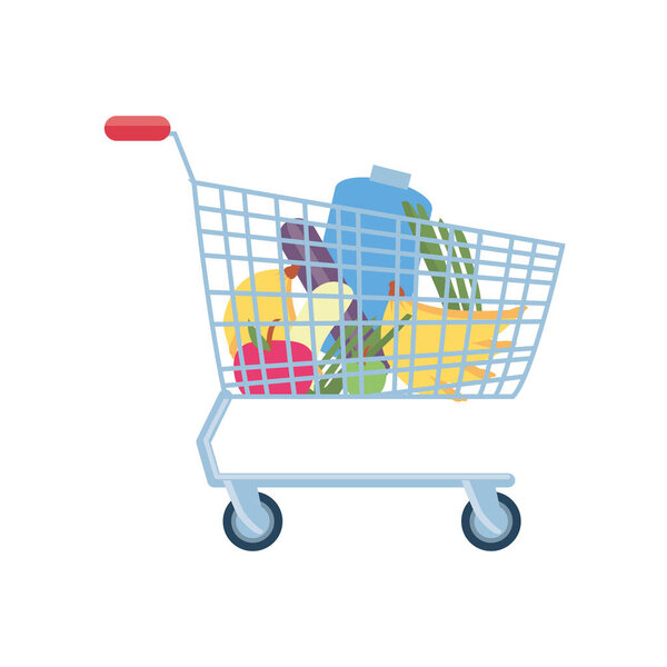 shopping cart with fruits and vegetables on white background