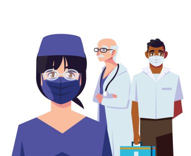 Üniforma maskeli kadın ve erkek doktorlar ve malzeme vektör tasarımı
