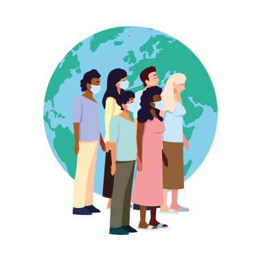 Ev vektör tasarımının önünde tıbbi maskeli insanlar