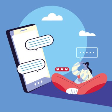 Akıllı telefon konuşmaları, sohbet baloncukları olan kadın.