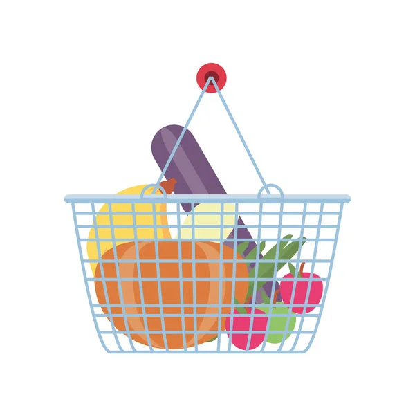 Cesta de la compra con frutas y verduras sobre fondo blanco — Archivo Imágenes Vectoriales