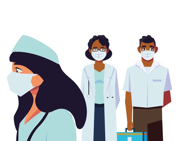 Vrouwelijke en mannelijke artsen met uniformen maskers en kit vector ontwerp — Stockvector