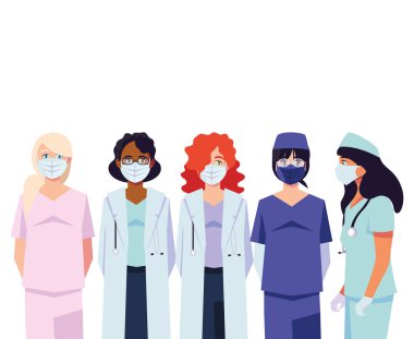Üniformalı ve maskeli kadın doktorlar vektör tasarımı