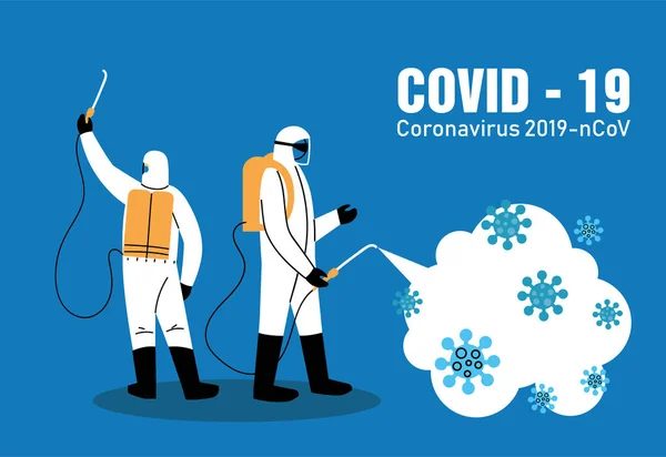 Hommes avec costume de biosécurité pour la désinfection de covid-19 — Image vectorielle