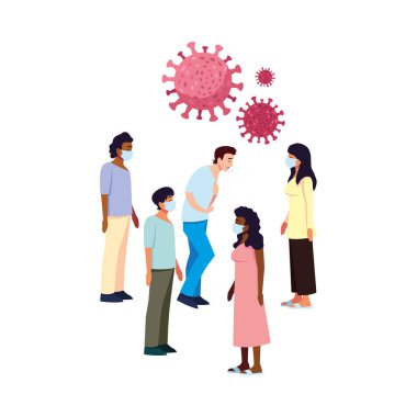 Tıbbi maskeli ve hasta vektör tasarımlı insanlar.