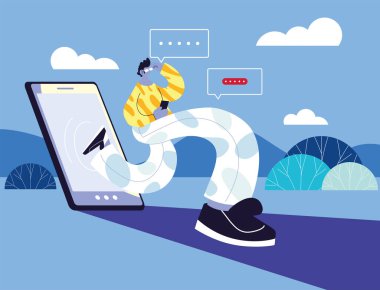 Akıllı telefon konuşmaları, sohbet balonu olan bir adam.