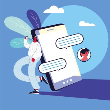 Akıllı telefon konuşmaları, sohbet balonu olan bir adam.