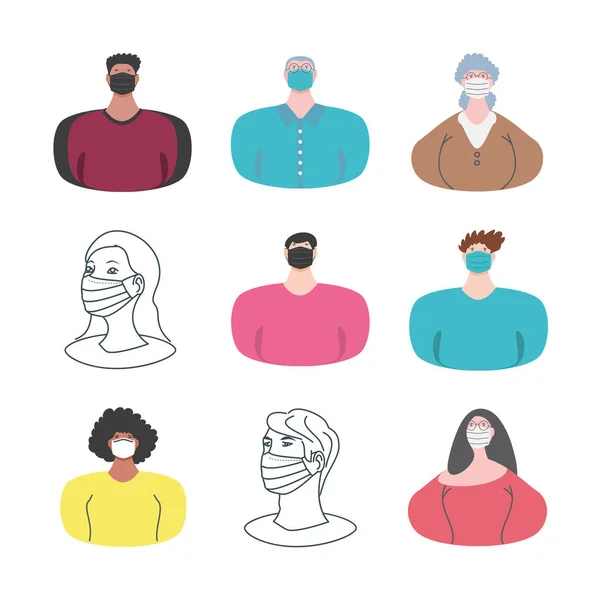 Establecer iconos de personas que usan máscara médica sobre fondo blanco — Archivo Imágenes Vectoriales