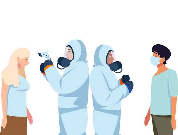 Лікарі з захисними костюмами і термометром перевіряють температуру людей Векторний дизайн — стоковий вектор