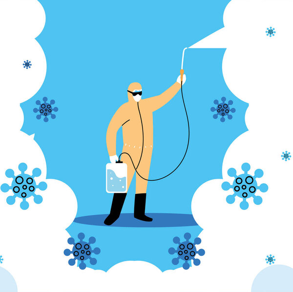 человек в костюме для работы дезинфицирует ковид-19
