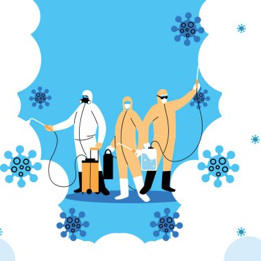 Biyo-koruma giysisi olan insanlar covid-19 dezenfeksiyonu için