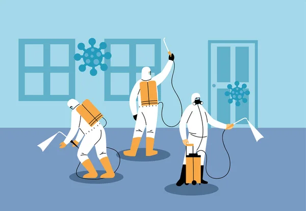 Men in suit disinfecting house by covid 19 — Stock Vector