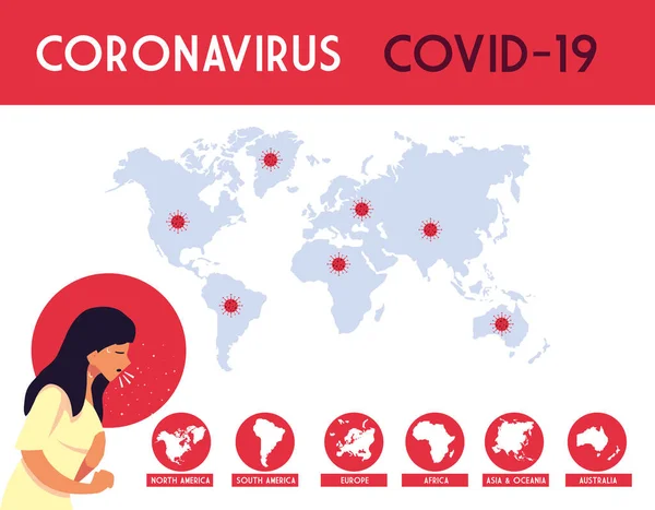 Жінка і карта світу з ковадлом 19 вірусів Векторний дизайн — стоковий вектор