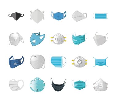 Beyaz arkaplanda tıbbi maskenin simgeleri
