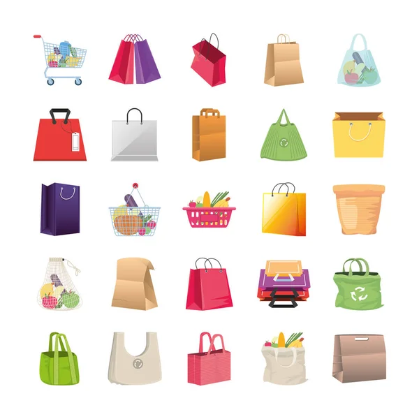 Ensemble d'icônes sacs à provisions sur fond blanc — Image vectorielle