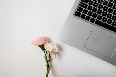 Laptop ve çiçeklerle dolu beyaz ofis masası. Düz yatış, üst görünüm