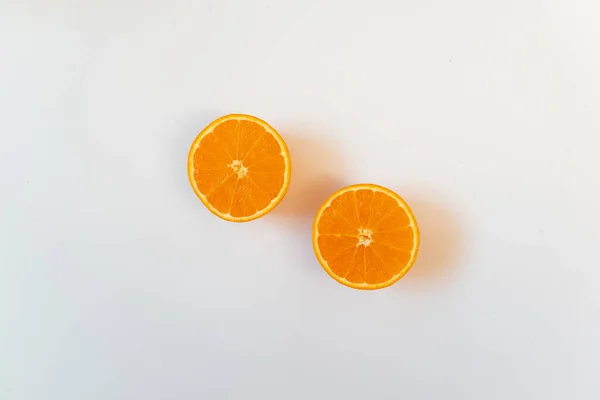 Two Half Oranges White Background Healthy Fresh Fruit Flat Lay — Stock Photo, Image