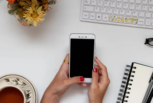 Mädchenhände Halten Ein Smartphone Der Hand Perfekt Zum Attrappen Zusammensetzung — Stockfoto