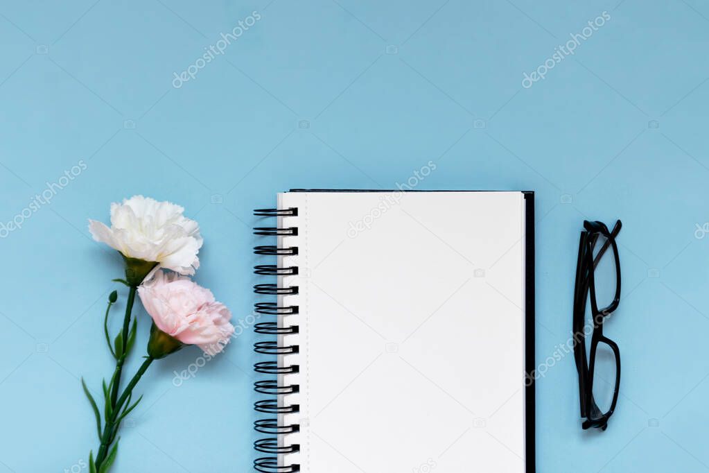 Blank with copy space notebook, student planner of a hardworking student. Flat lay, top down