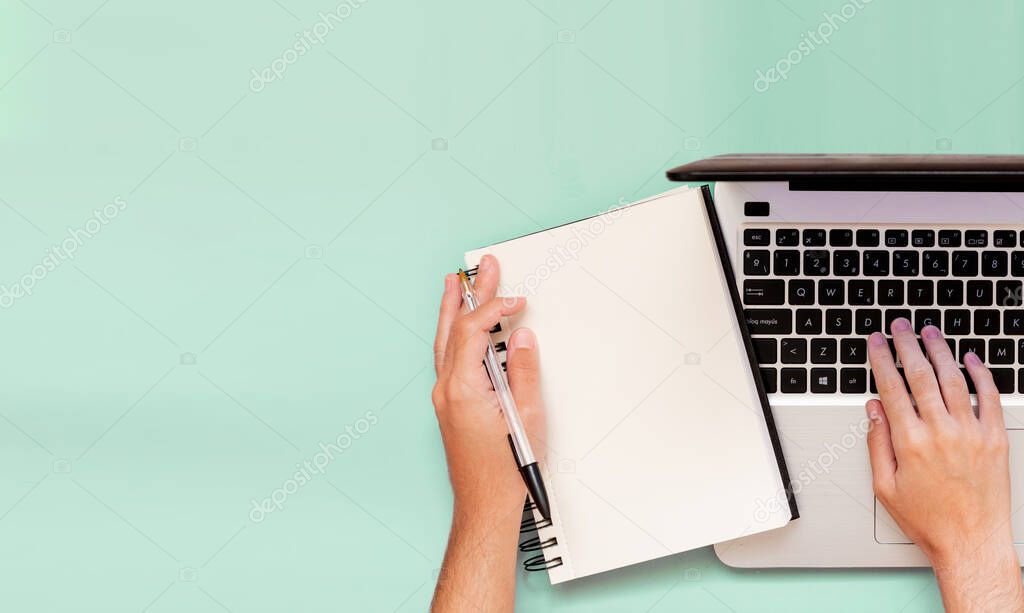 Layout of hardworking businessman hands, corporate image with copy space. Successful business, flat lay