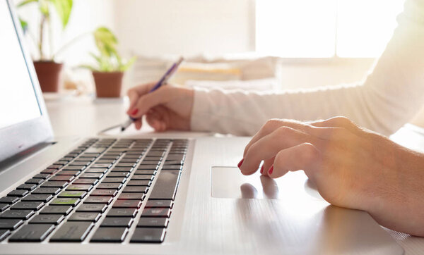 Businesswoman working remotely at home in finance and accounting. Analysis of financial budget