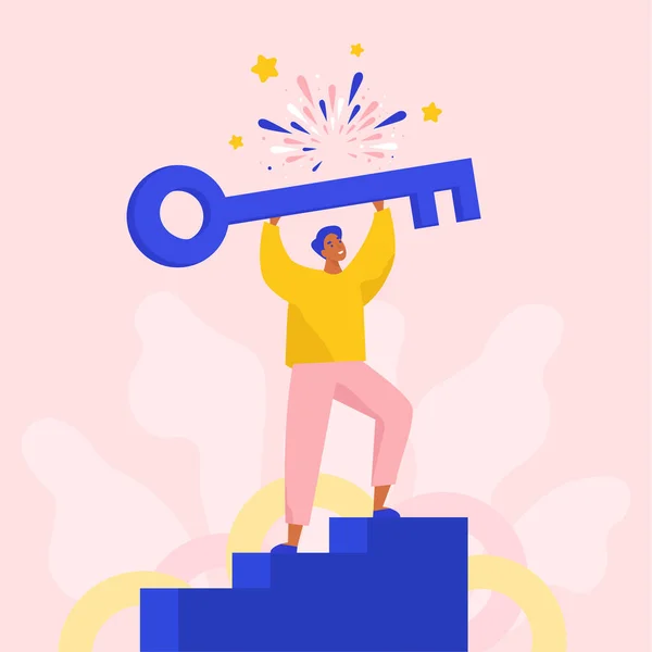 Başarılı adam yeni çözümler üretmek için büyük bir anahtar tutuyor. Düz vektör illüstrasyonunu kabul et.