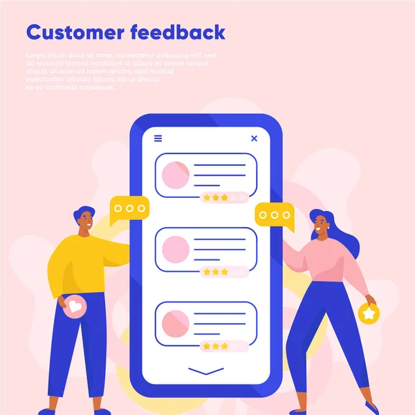 Müşteri yorumları çevrimiçi. İfadeler, geri bildirim, değerlendirme. Kadın ve erkek akıllı telefon kullanarak eleştiriden ayrılıyorlar. Düz vektör illüstrasyonu.