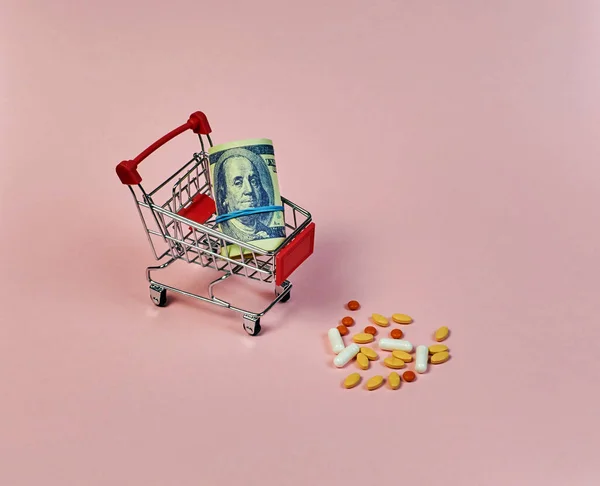 Cart Dollars Different Pills Pink Background — Stock Photo, Image