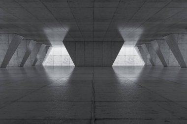 Beton duvarlı soyut boş alan. Zemini olan modern boş sergi salonu. Gelecek konsepti. 3d oluşturma.