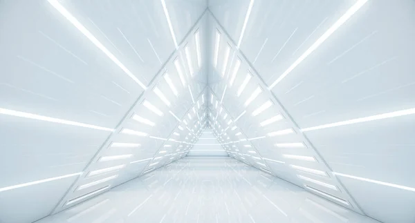 Soyut Üçgen Uzay Gemisi koridoru. Işıklı geleceksel tünel. Geleceğin iç mimarisi, iş dünyası, bilim kurgu konsepti. 3d oluşturma