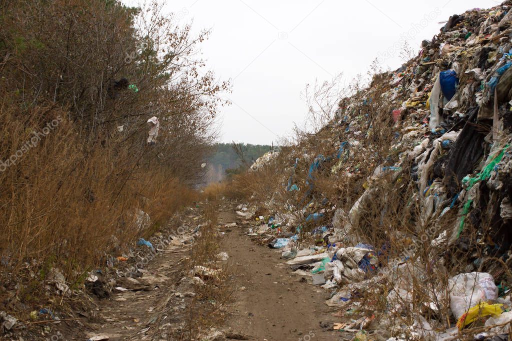 Landfill in Ukraine, piles of plastic dumped in . The roads along inorganic waste jumble