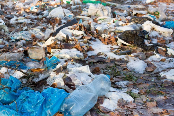 Pile of plastic bags and other refined petroleum products dumped in landfill. Garbage heap gives infiltrate into ground. Waste sorting is required. Lviv city — Stock Photo, Image