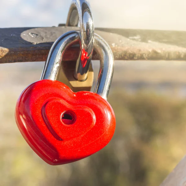 Κόκκινη καρδιά πάνω από ανοιχτόχρωμο φόντο. Εξασφαλίστε στην καρδιά του σχήματος στη γέφυρα των εραστών. Ημέρα του Αγίου Βαλεντίνου καρτ ποστάλ. Κλειστό λουκέτο — Φωτογραφία Αρχείου