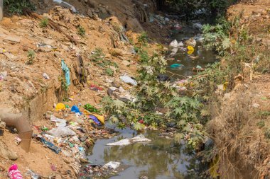 Nehirde yüzen plastik çöp. Hindistan, Nilgiri, Coonoor kasaba.