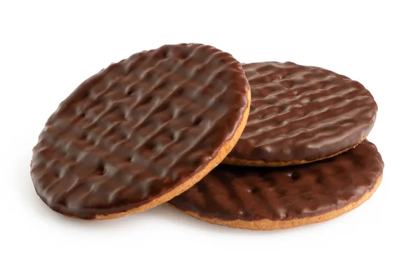 Tres galletas digestivas recubiertas de chocolate negro aisladas en blanco — Foto de Stock