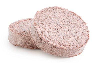 İki donmuş bitkisel burger köftesi beyaza izole edilmiş.. 