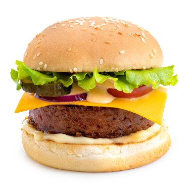Salata ve peynirli susamlı hamburger. 