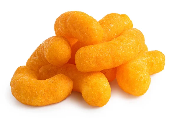 Pile of extruded cheese puffs isolated on white. — Stock Photo, Image