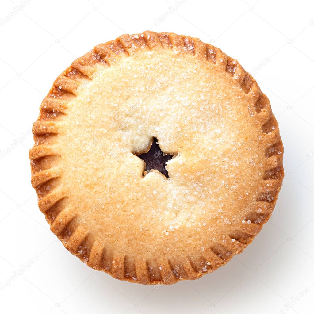 Traditional british christmas mince pie isolated on white. Top v