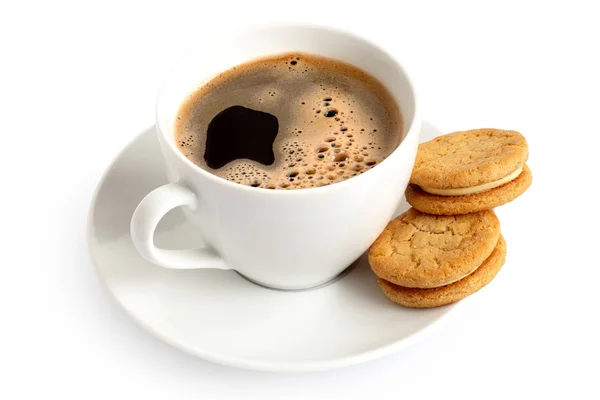 Tasse schwarzen Kaffee mit Keksen. — Stockfoto