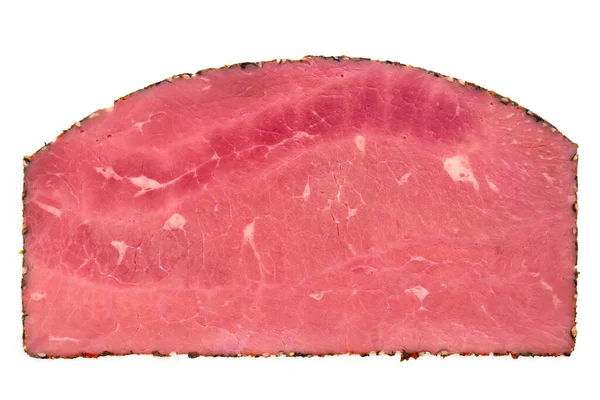 Egyetlen Szelet Pastrami Fehér Alapon Felülnézet — Stock Fotó