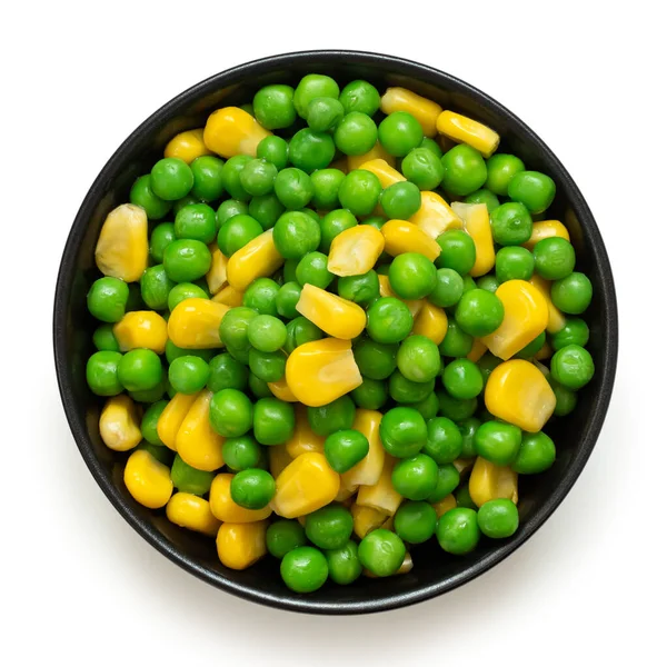 Fresh Green Garden Peas Sweetcorn Mix Black Ceramic Bowl Isolated — Stock Photo, Image