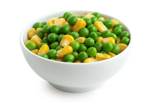 Fresh Green Garden Peas Sweetcorn Mix White Ceramic Bowl Isolated — Stock Photo, Image