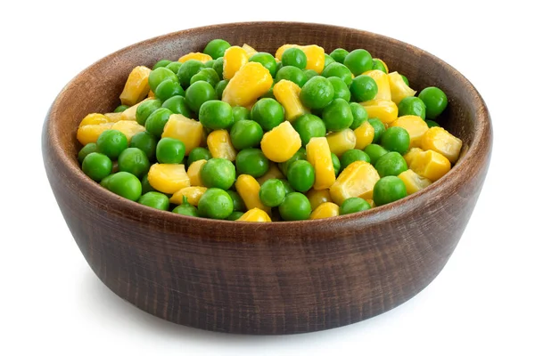 Fresh Green Garden Peas Sweetcorn Mix Dark Wood Bowl Isolated — Stock Photo, Image