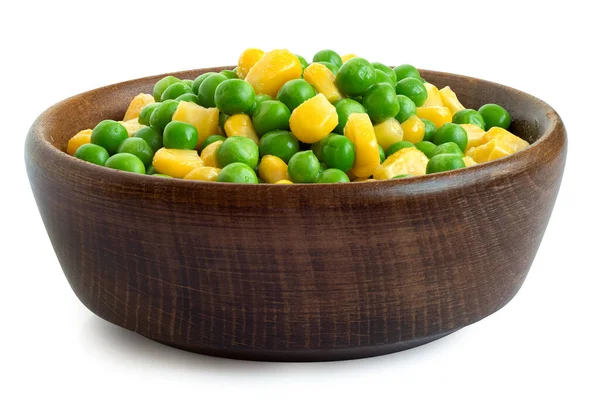 Fresh Green Garden Peas Sweetcorn Mix Dark Wood Bowl Isolated — Stock Photo, Image